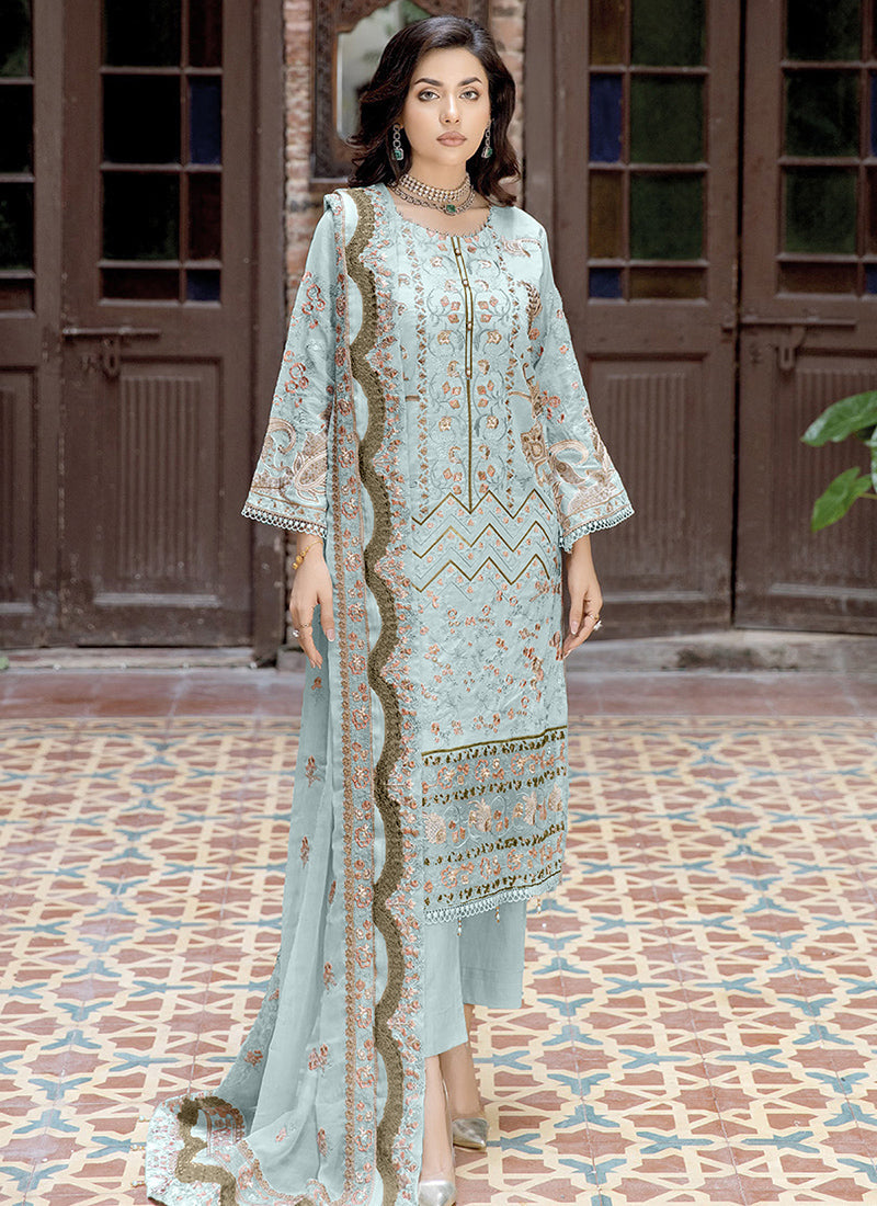 Elegant Blue Georgette Embroidered Unstitched Dress Material With Dupp Dream Sajja