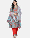 Stylish Cotton Grey Floral Printed Kurta With Pant And Dupatta Set For Women