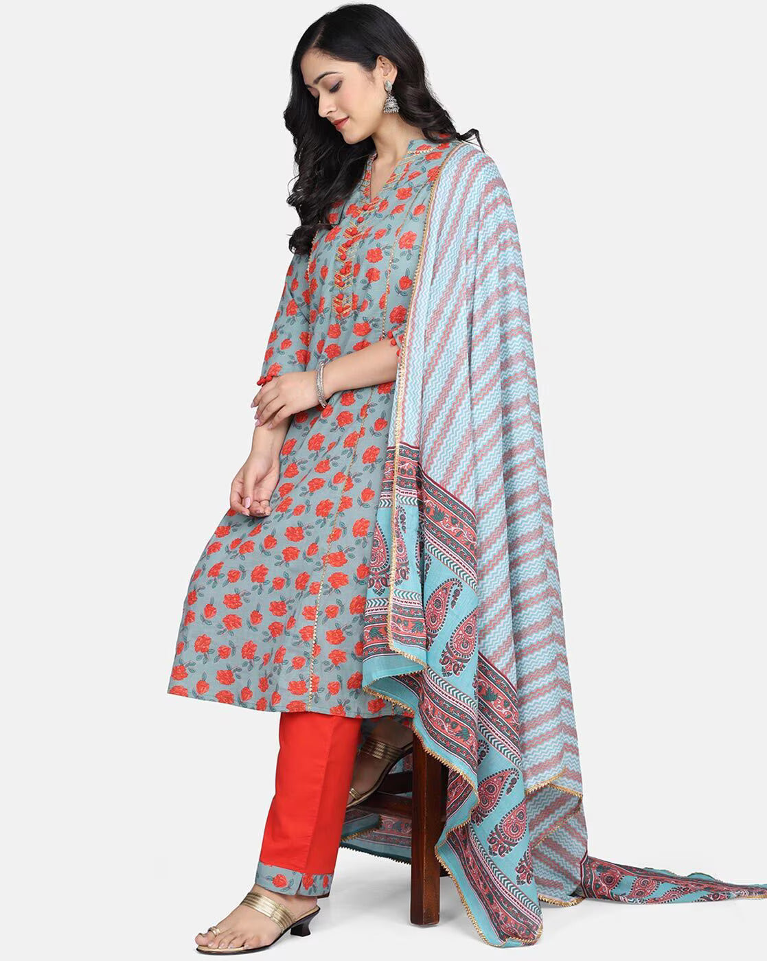 Stylish Cotton Grey Floral Printed Kurta With Pant And Dupatta Set For Women