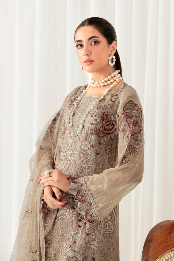 Elegant Brown Georgette Embroidered Dress Material with Dupatta For Women