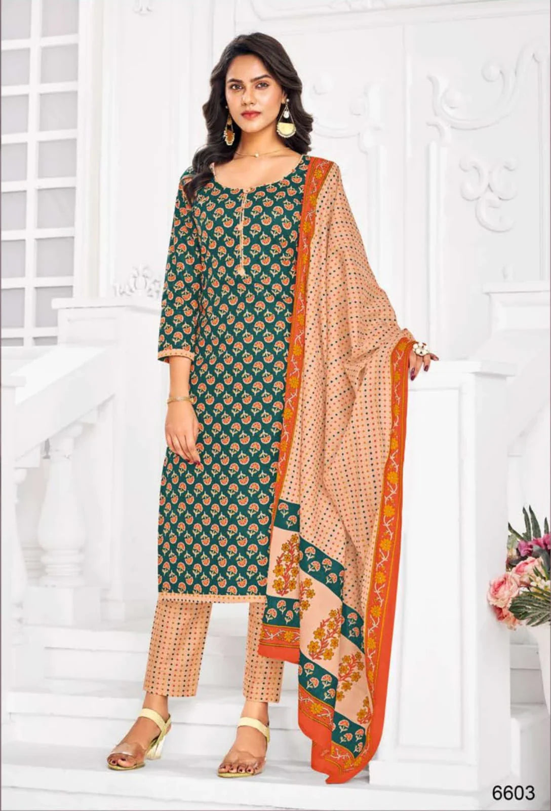 Elegant Multicolor Cotton Printed Dress Material With Dupatta For Women