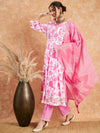 Pink Floral Printed Kurta With Trouser Dupatta