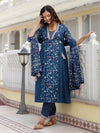 Beautiful A-Line Blue Embroidered Cotton Kurta Bottom Dupatta Set For Women