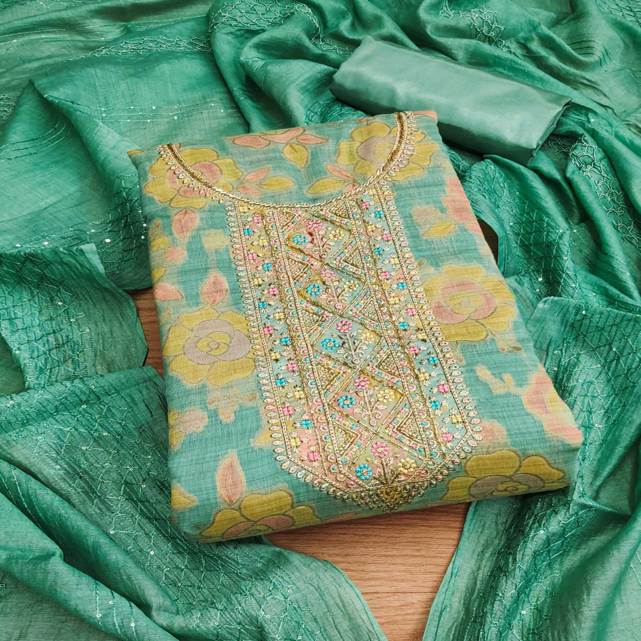 Unstitched Turquoise Floral Embroidered Modal Dress Material