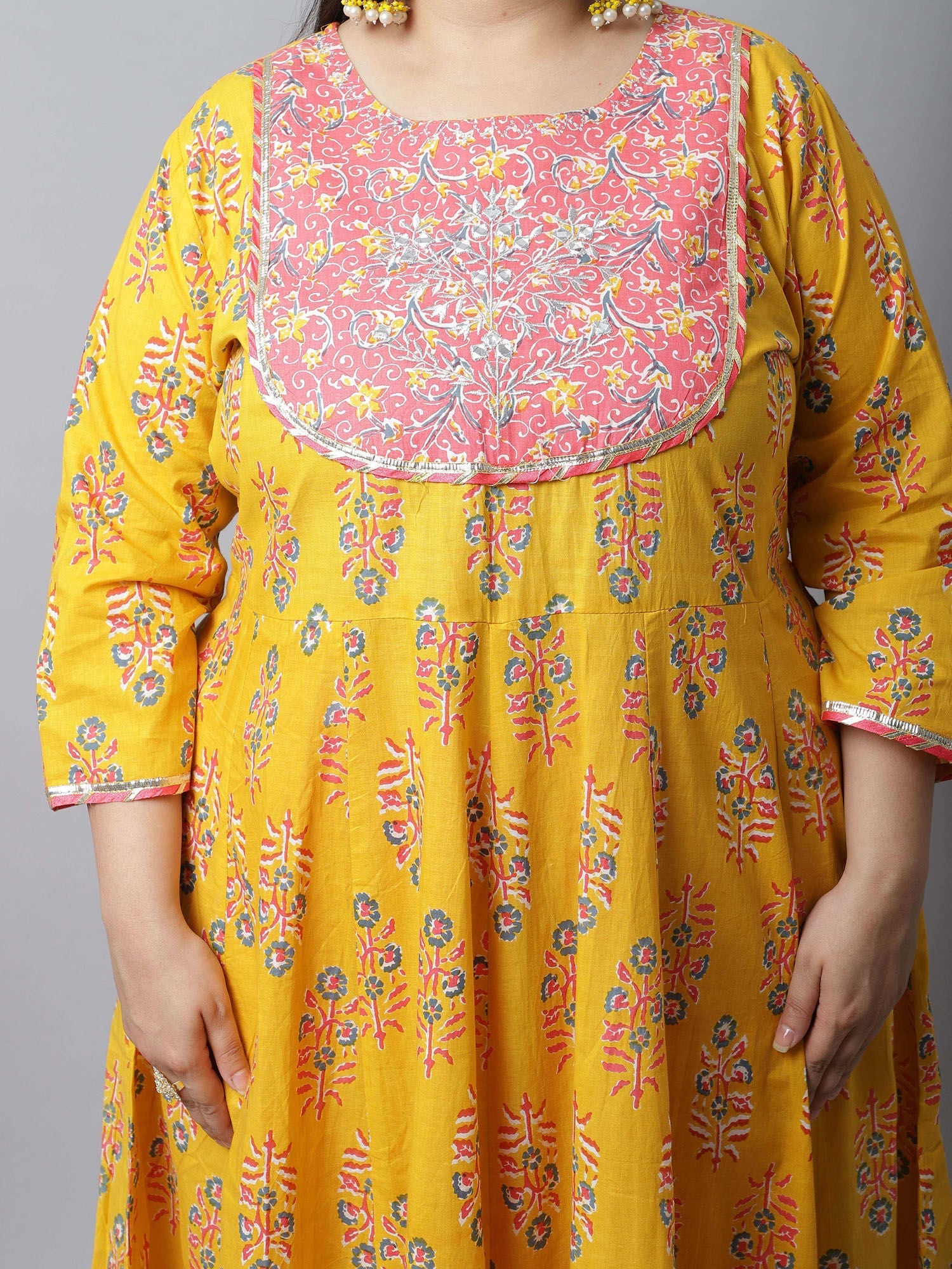 Women Cotton Printed Plus Size Kurta with Dupatta Yellow & Pink