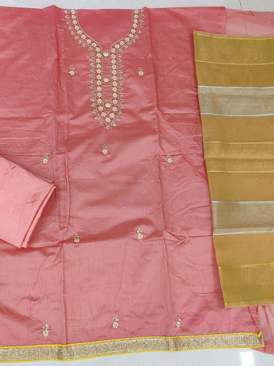 Peach Chanderi Silk Embellished Dress Material with Dupatta For Women