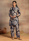 Navy Blue Floral Print Kurta With Pants Set