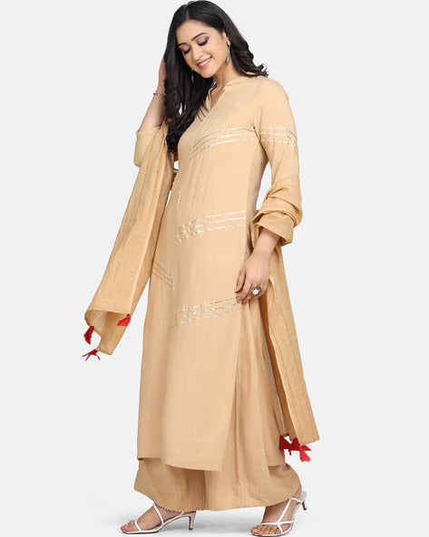 Stylish Rayon Peach Lace Kurta with Palazzo and Dupatta Set