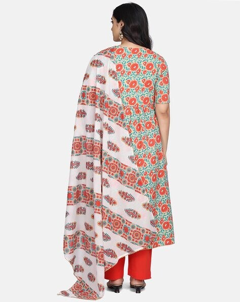 Multicoloured Floral Cotton Kurta with Pant and Dupatta Set