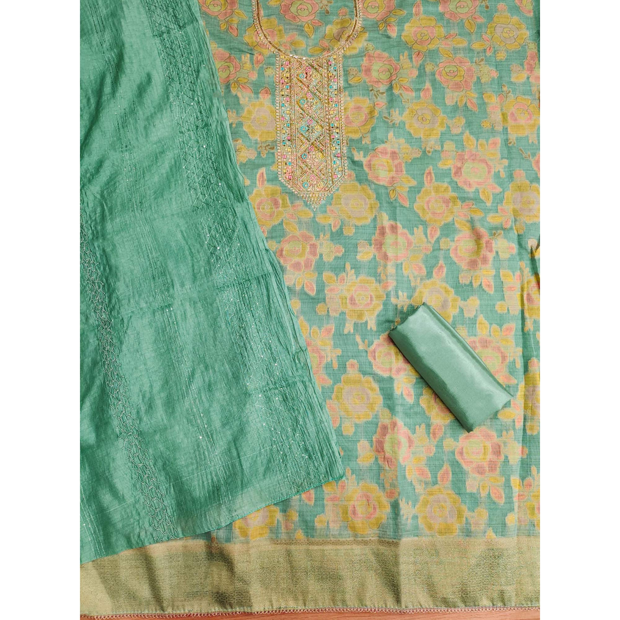 Unstitched Turquoise Floral Embroidered Modal Dress Material