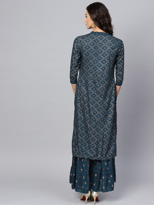 Women's Pure Cotton Printed Blue Straight Mirror Embroidery Work Kurta with Palazzo Set