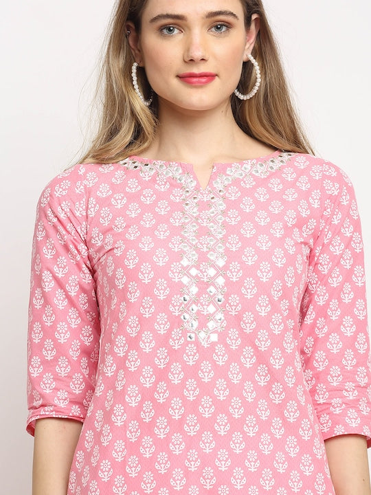 Women Pink Floral Printed Mirror Work Pure Cotton Kurta with Trousers & With Dupatta