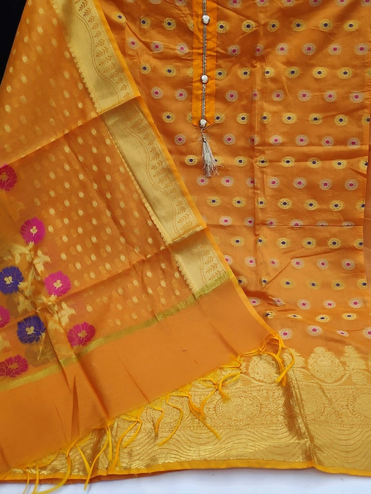 Elegant Orange Chanderi Silk Jacquard Dress Material with Dupatta For Women