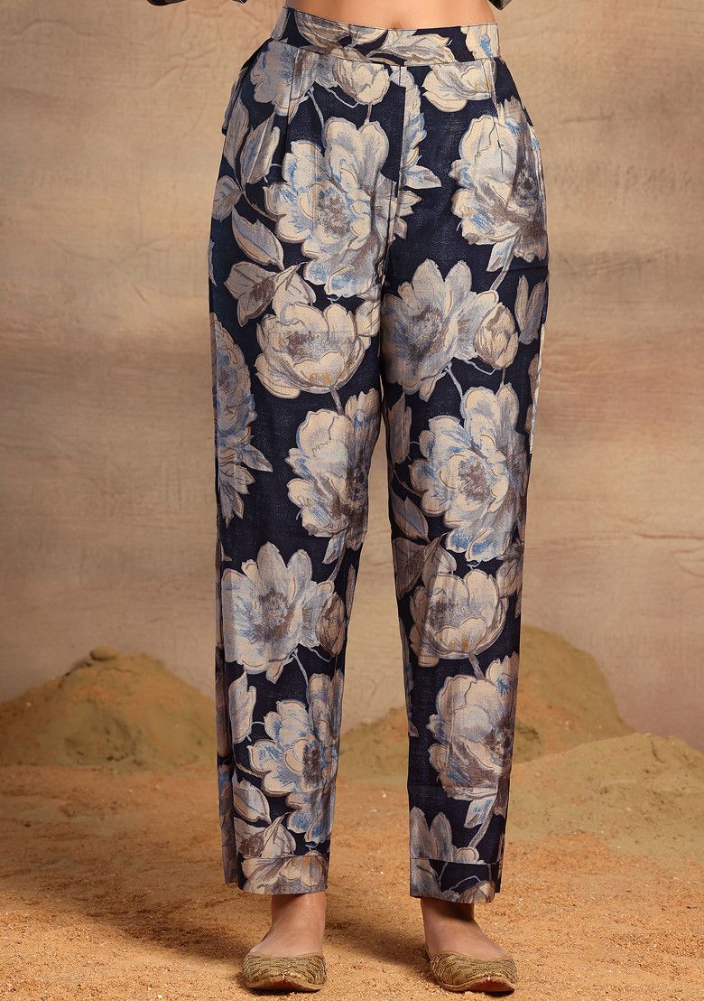 Navy Blue Floral Print Kurta With Pants Set