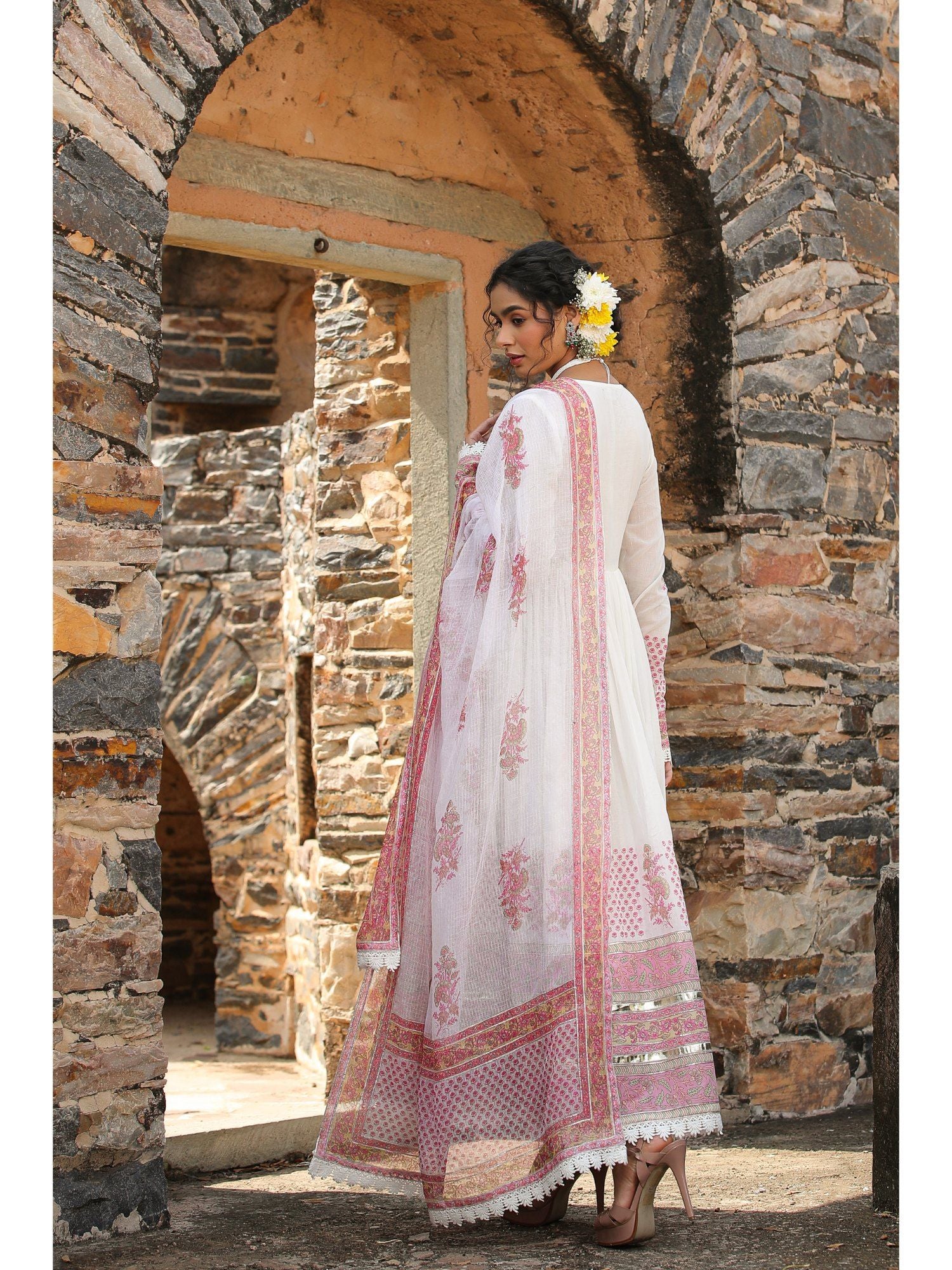 Pink Mulmul Embroidered Nazraana Gown and Dupatta