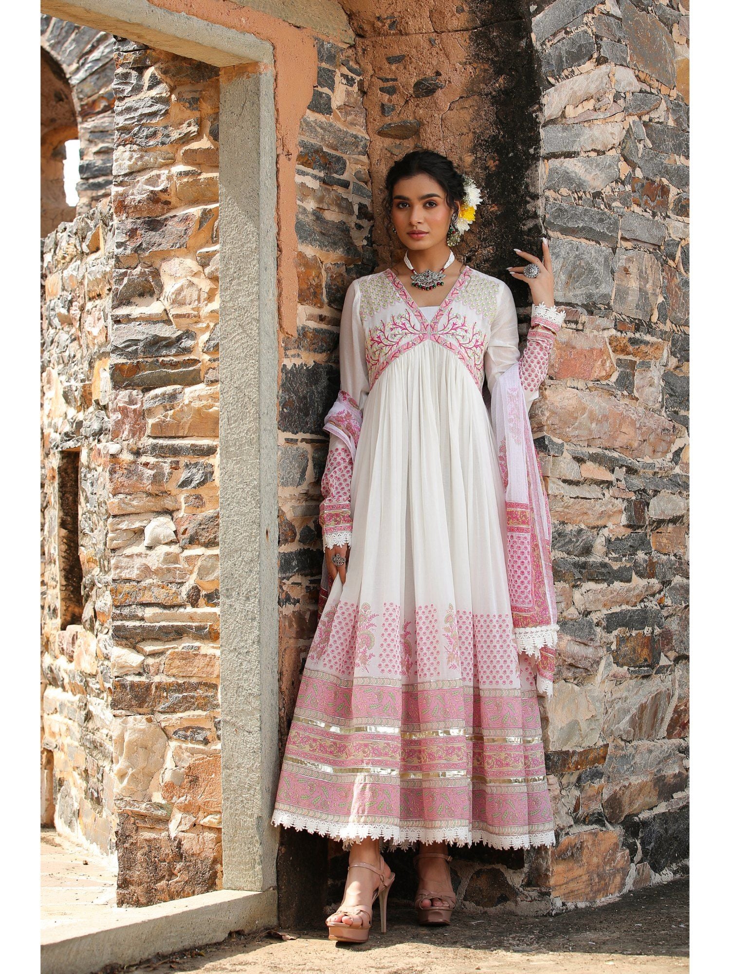 Pink Mulmul Embroidered Nazraana Gown and Dupatta