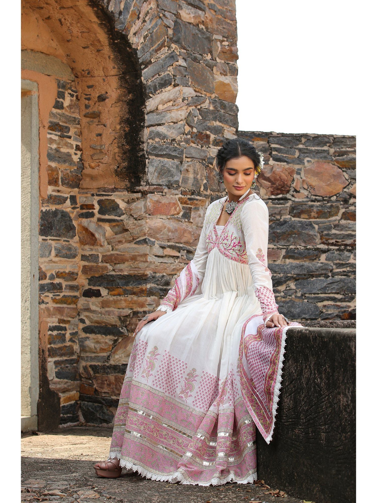 Pink Mulmul Embroidered Nazraana Gown and Dupatta