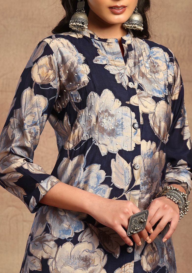 Navy Blue Floral Print Kurta With Pants Set