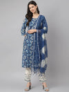 Indigo Floral Cotton Kurta pant Set with Dupatta