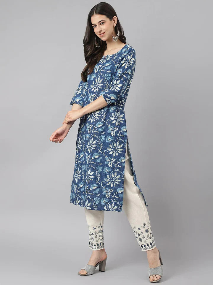 Indigo Floral Cotton Kurta pant Set with Dupatta