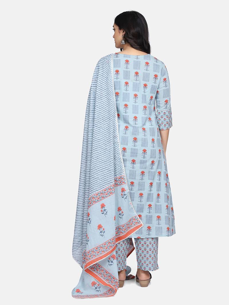 Stylish Cotton Blue Floral Printed Kurta With Pant And Dupatta Set For Women