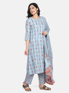 Stylish Cotton Blue Floral Printed Kurta With Pant And Dupatta Set For Women