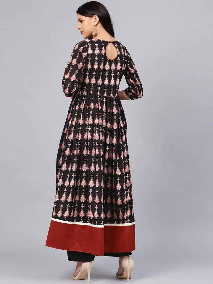 Black Printed Cotton Floor Length Anarkali Kurta