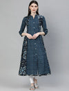 Navy Blue Printed A- Line Kurta