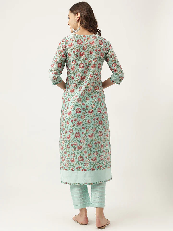 Green Chanderi Floral Printed Kurta with Pant Set