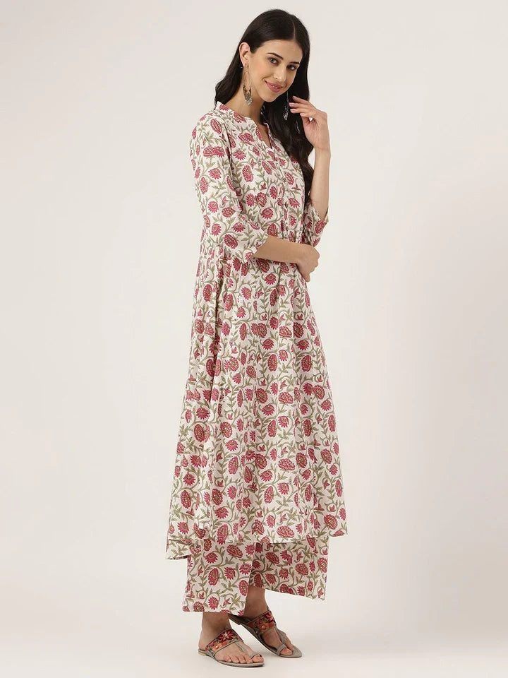 White Floral Printed Anarkali Kurta Palazo Set