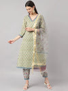 Stylish Green Cotton Printed Straight Kurta, Bottom and Dupatta Set