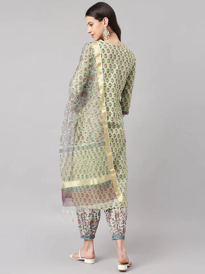 Stylish Green Cotton Printed Straight Kurta, Bottom and Dupatta Set