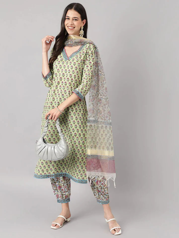 Stylish Green Cotton Printed Straight Kurta, Bottom and Dupatta Set