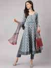 Stylish Blue Cotton Printed Anarkali Kurta, Bottom and Dupatta Set