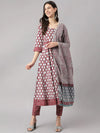 Stylish Maroon Cotton Printed Anarkali Kurta, Bottom and Dupatta Set