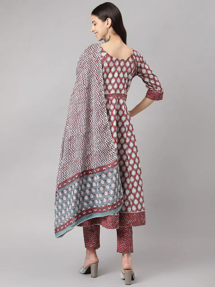 Stylish Maroon Cotton Printed Anarkali Kurta, Bottom and Dupatta Set