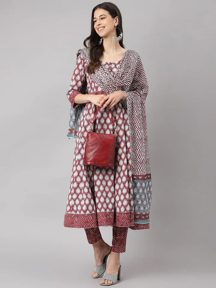 Stylish Maroon Cotton Printed Anarkali Kurta, Bottom and Dupatta Set