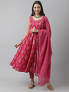 Magenta Floral Cotton Anarkali Kurta Pant Set with Dupatta