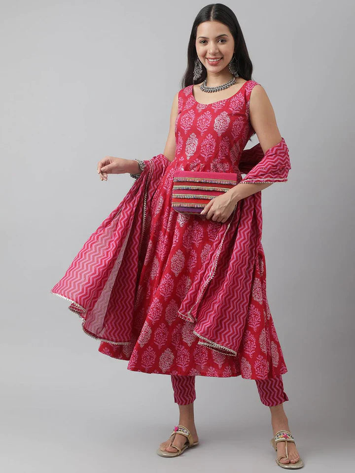 Magenta Floral Cotton Anarkali Kurta Pant Set with Dupatta