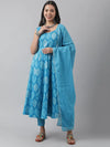 Stylish Blue Cotton Printed Straight Kurta, Bottom and Dupatta Set