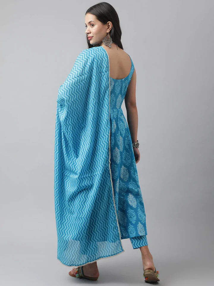 Stylish Blue Cotton Printed Straight Kurta, Bottom and Dupatta Set