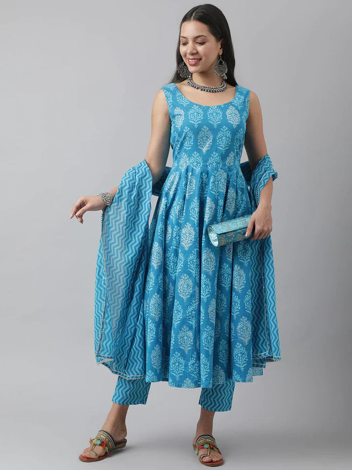 Stylish Blue Cotton Printed Straight Kurta, Bottom and Dupatta Set