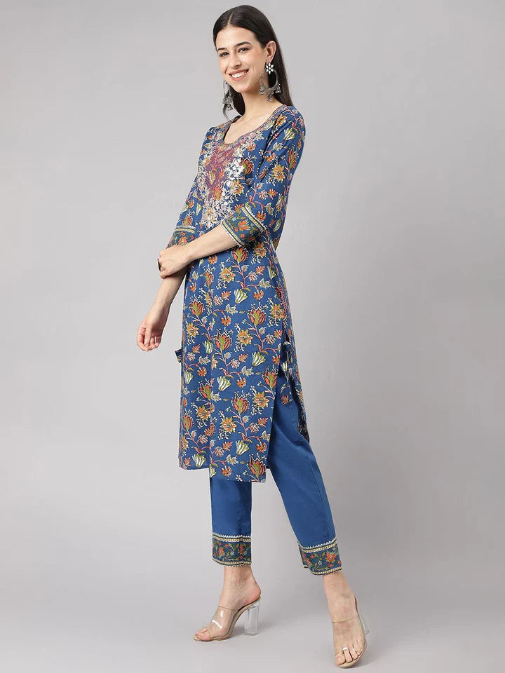 Blue Floral Printed Kurta Pant Set with dupatta