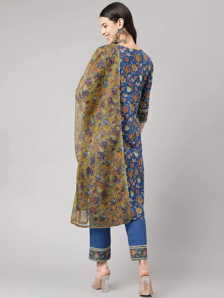 Blue Floral Printed Kurta Pant Set with dupatta