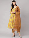 Stylish Yellow Cotton Printed Anarkali Kurta, Bottom and Dupatta Set