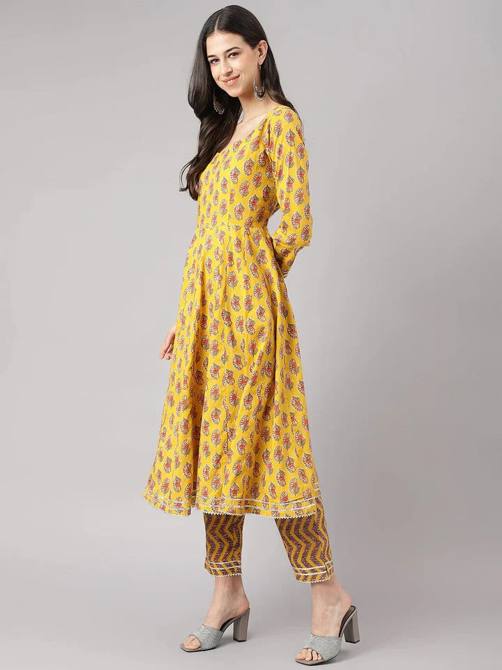 Stylish Yellow Cotton Printed Anarkali Kurta, Bottom and Dupatta Set