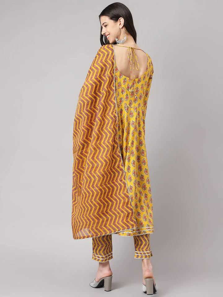 Stylish Yellow Cotton Printed Anarkali Kurta, Bottom and Dupatta Set