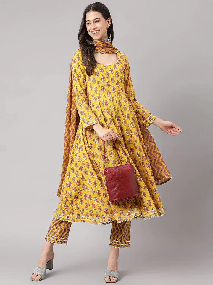 Stylish Yellow Cotton Printed Anarkali Kurta, Bottom and Dupatta Set