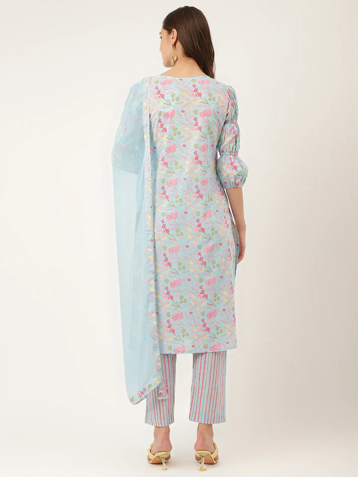 Blue Floral Print Cotton Kurta, Trouser With Dupatta