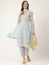 Blue Floral Print Cotton Kurta, Trouser With Dupatta